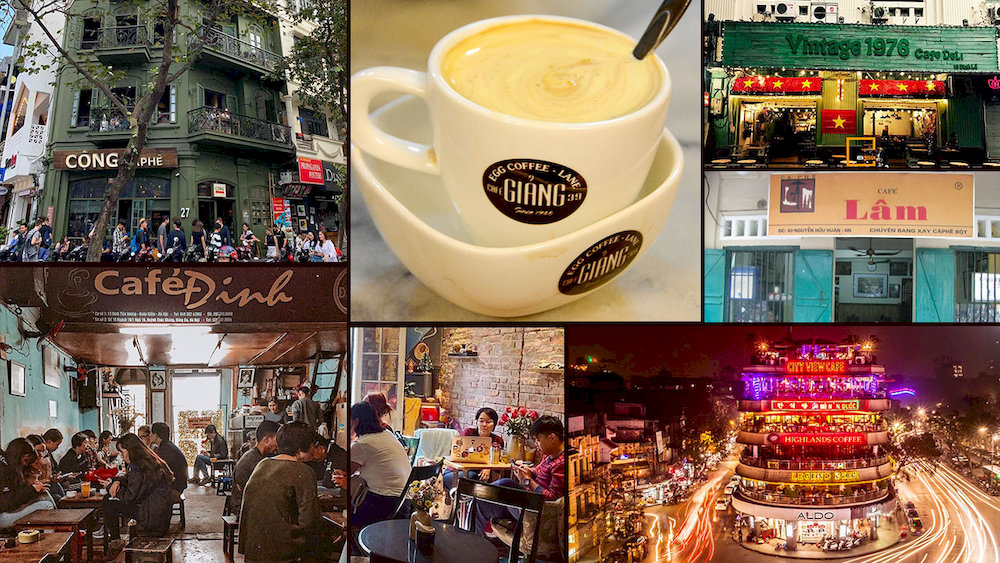A cozy Hanoi cafe serving traditional Vietnamese coffee under warm morning light